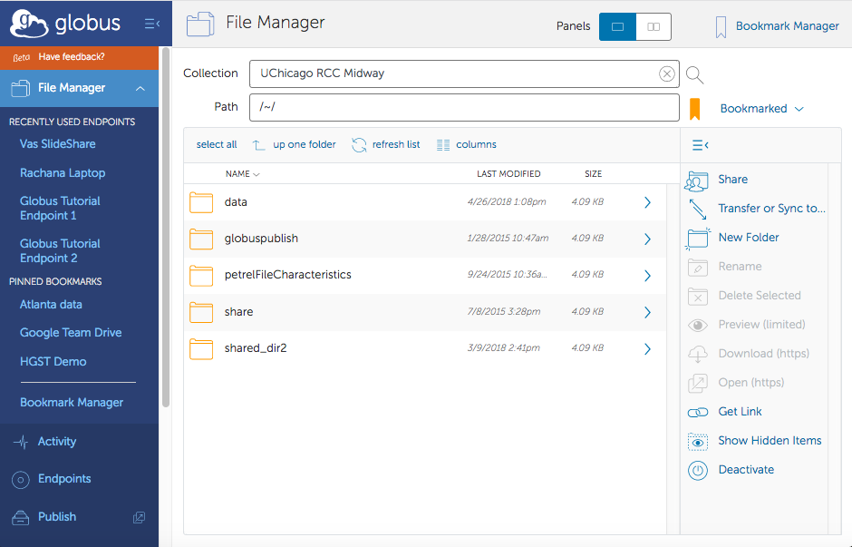 File Manager on the new Globus web app